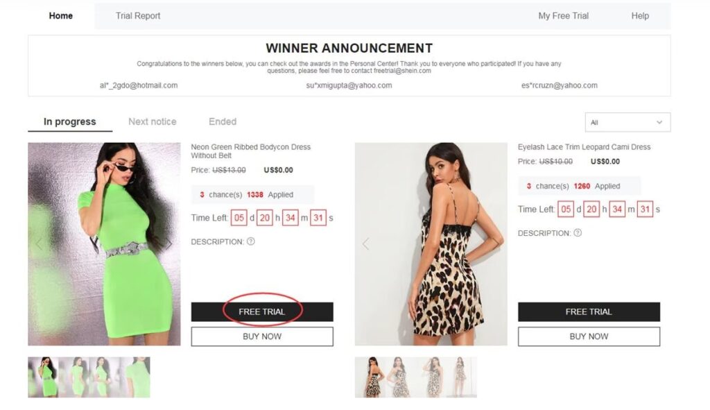 SHEIN Free Trial Center winner announcement and listings