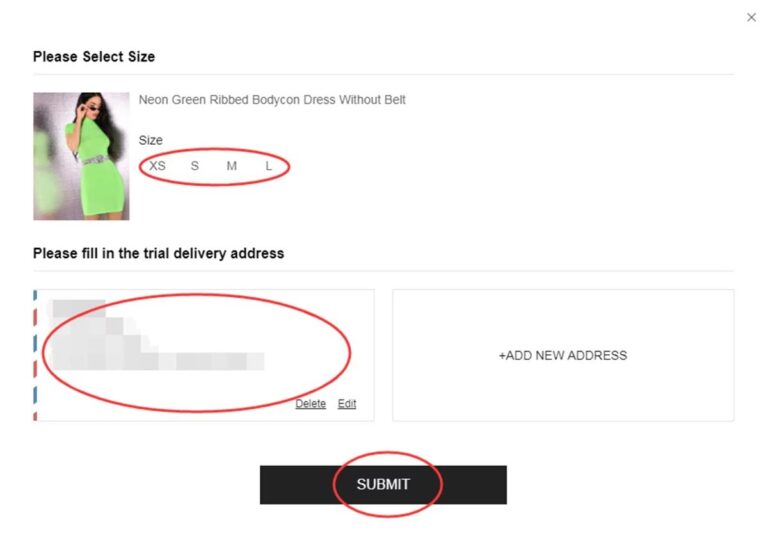 Selecting a size and delivery address for a Free Trial request