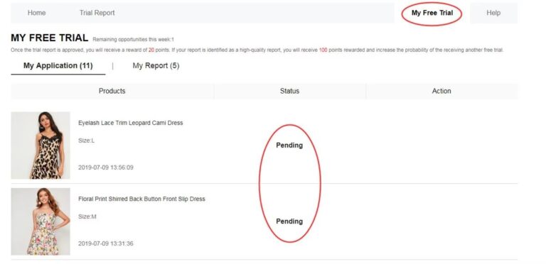My Free Trial application list with pending status